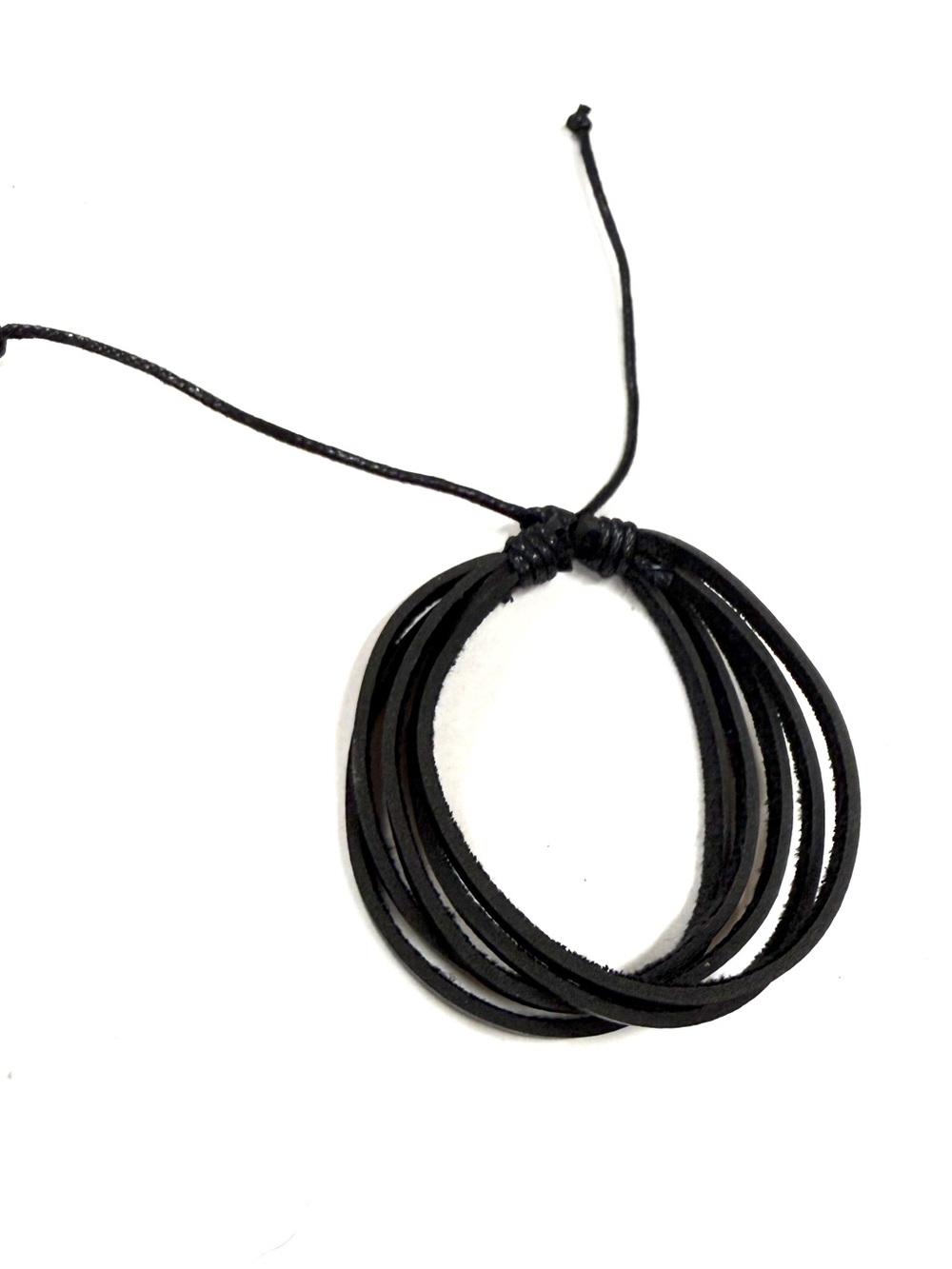 Black leather unisex bracelet with braided rope accents and ties nsb